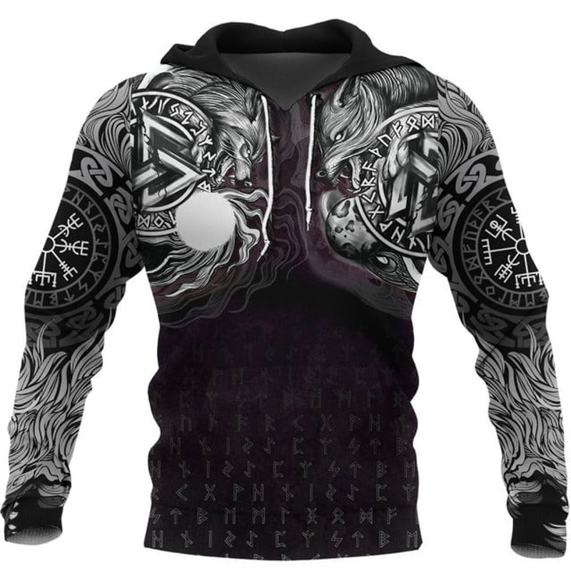 Viking Hoodie Hati and Skoll Valknut, All Over Print Hoodie Zip Hoodie Fleece Hoodi 3D, Vikings Tattoo Hoodie 3D KA554