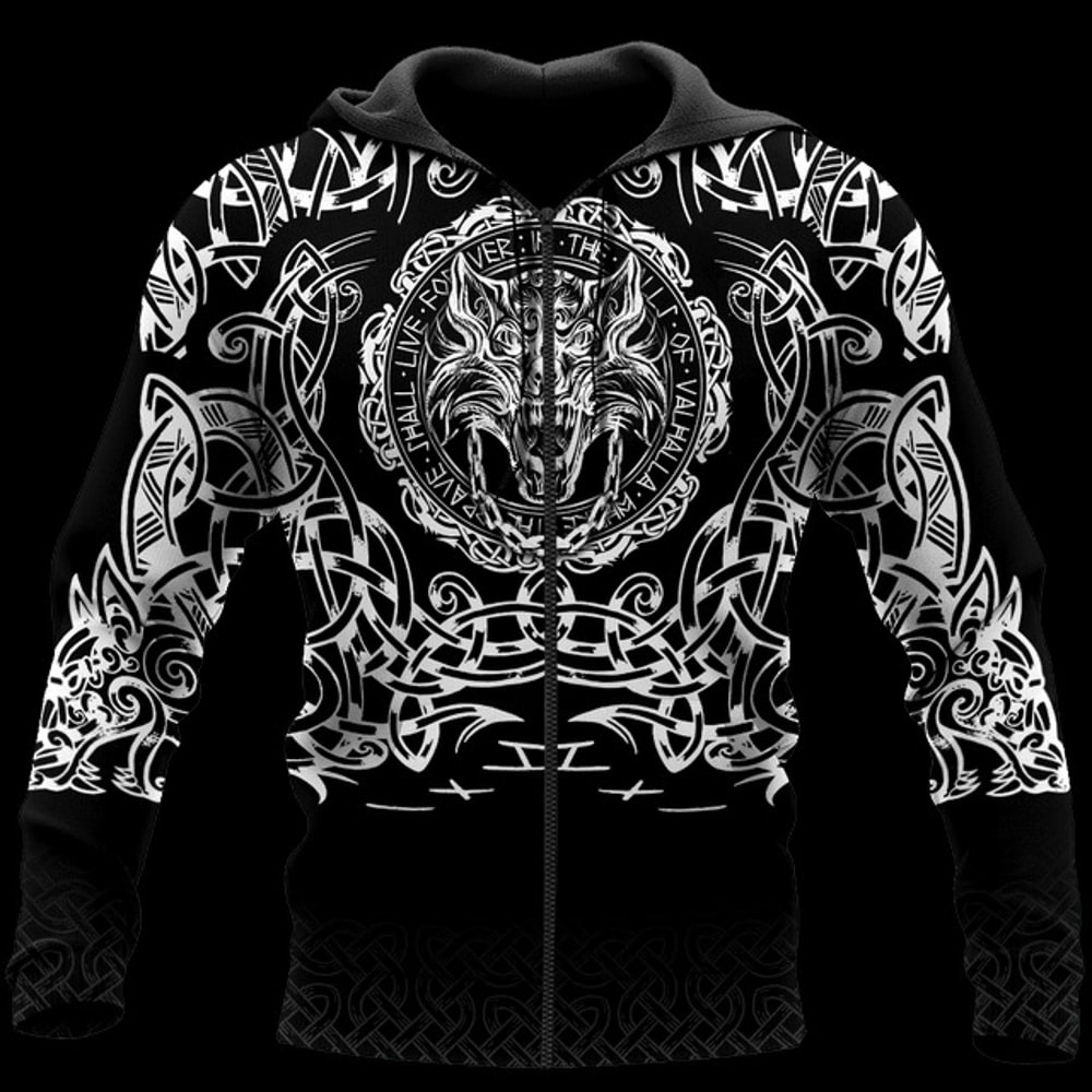 Viking Zip Hoodie - Fenrir Viking 3D, All Over Print Hoodie Zip Hoodie Fleece Hoodi 3D, Vikings Tattoo Hoodie 3D KA556