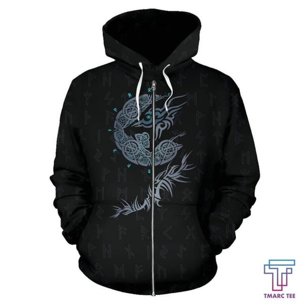 Viking Fenrir Wolf Zip-Up Hoodie, All Over Print Hoodie Zip Hoodie Fleece Hoodi 3D, Vikings Tattoo Hoodie 3D KA558