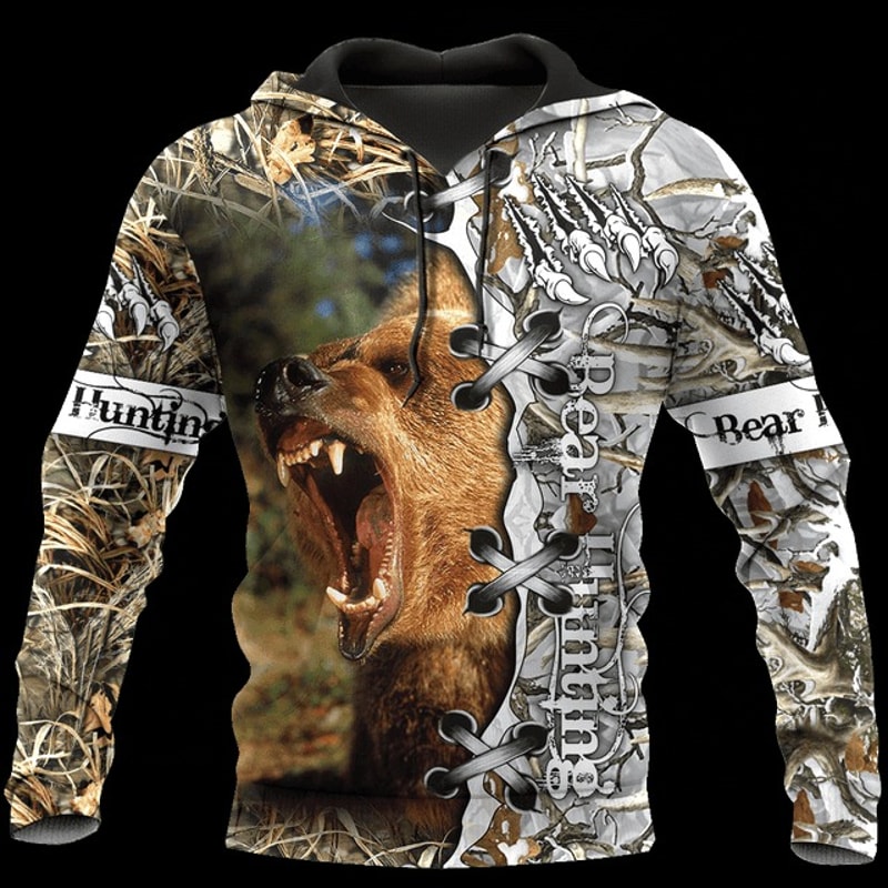 Bear Hunting Camo 3D,All Over Print Hoodie Zip Hoodie Fleece Hoodi 3D, Vikings Tattoo Hoodie 3D KA571