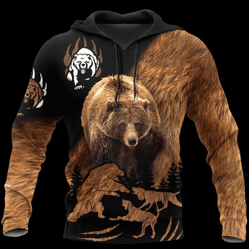 Bear Hunting Camo 3D,All Over Print Hoodie Zip Hoodie Fleece Hoodi 3D, Vikings Tattoo Hoodie 3D KA573