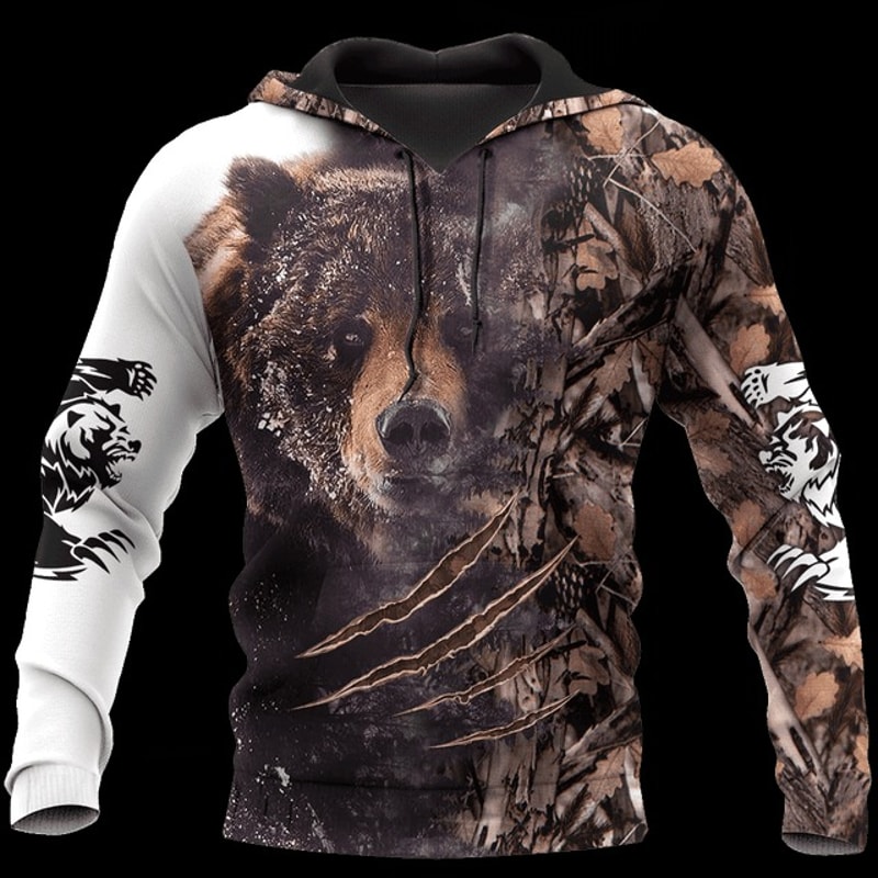 Bear Hunting Camo 3D,All Over Print Hoodie Zip Hoodie Fleece Hoodi 3D, Vikings Tattoo Hoodie 3D KA575