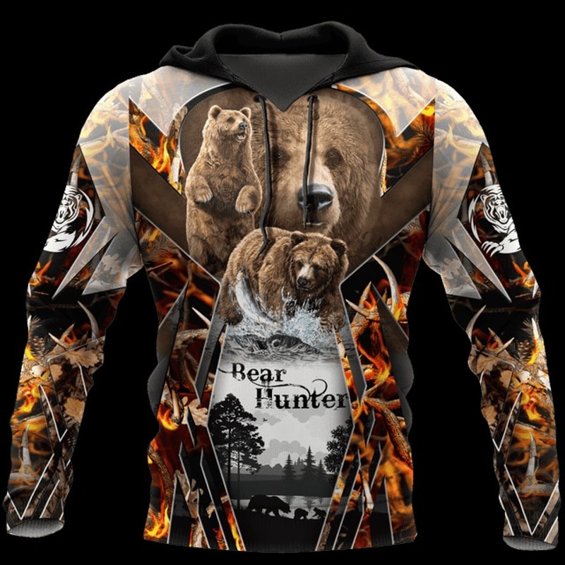 Bear Hunting Camo 3D,All Over Print Hoodie Zip Hoodie Fleece Hoodi 3D, Vikings Tattoo Hoodie 3D KA576