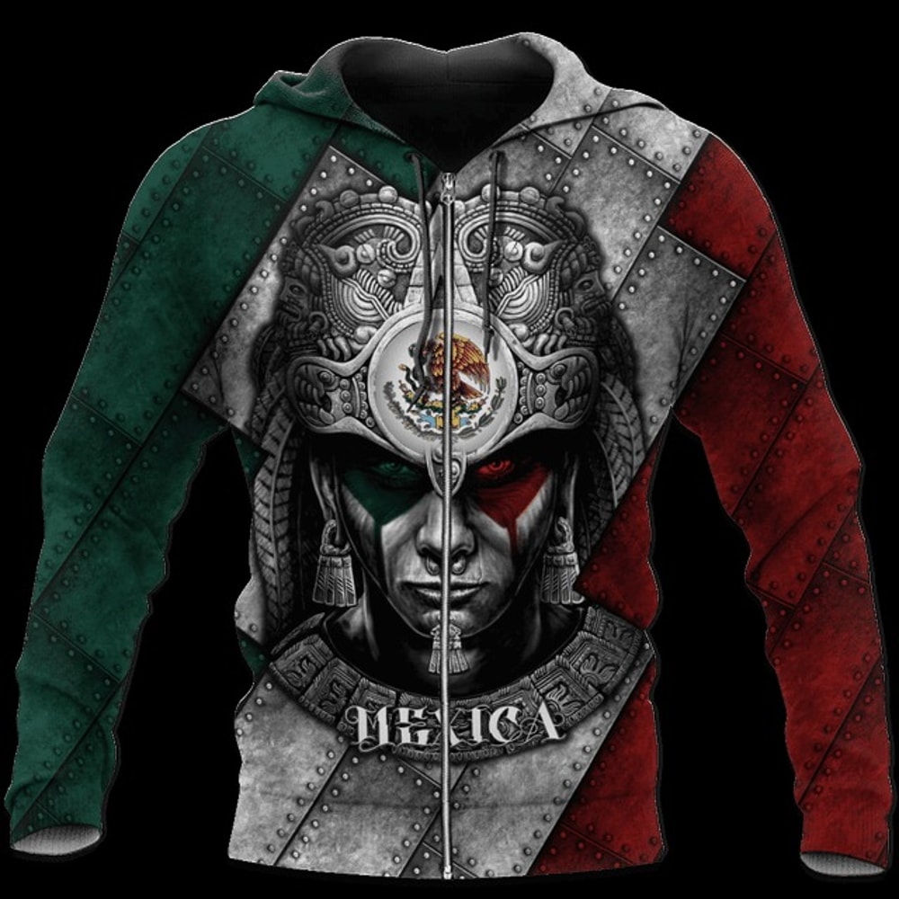 Aztec Mexican Warrior TwoSided Pattern, All Over Print Hoodie Zip Hoodie Fleece Hoodi 3D, Vikings Tattoo Hoodie 3D KA690
