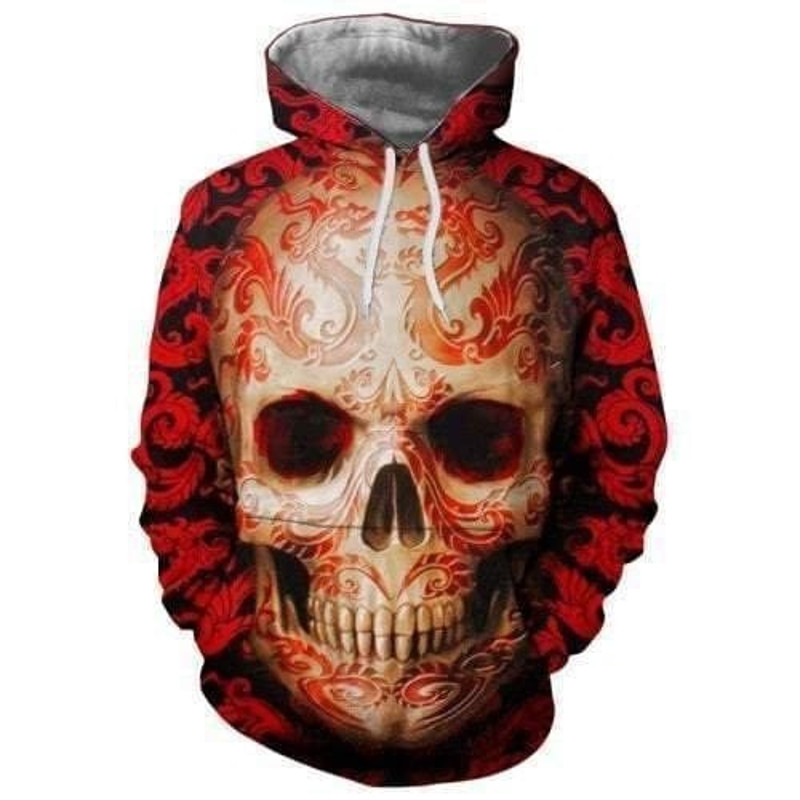 Dragon Print Skull Pattern Hoodie, All Over Print Hoodie Zip Hoodie Fleece Hoodie 3D, Vikings Tattoo Hoodie 3D KA851