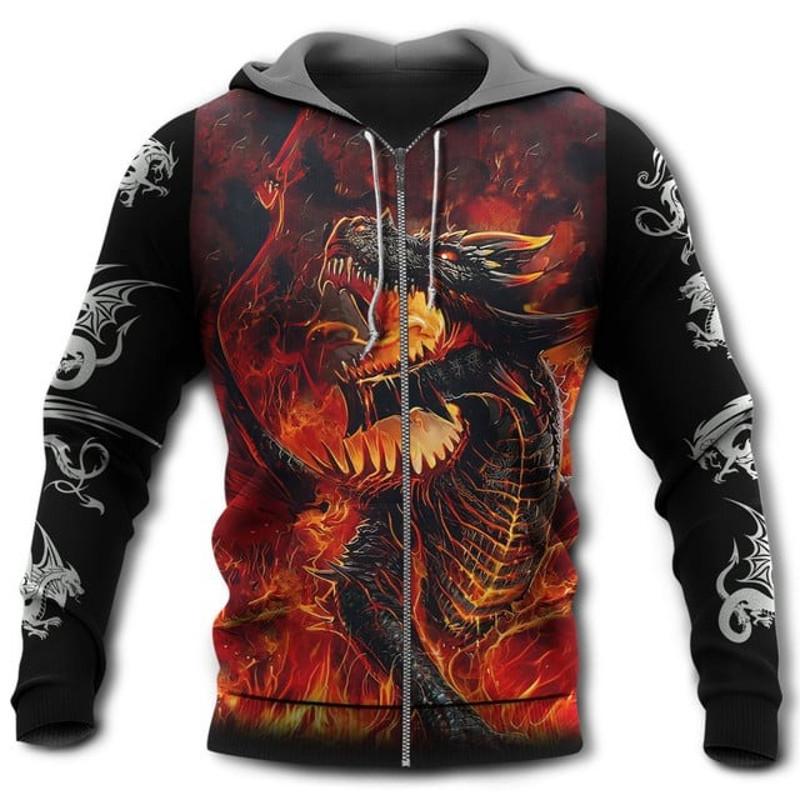 Dragon On Fire Amazing Strong Dragon, All Over Print Hoodie Zip Hoodie Fleece Hoodie 3D, Vikings Tattoo Hoodie 3D KA868