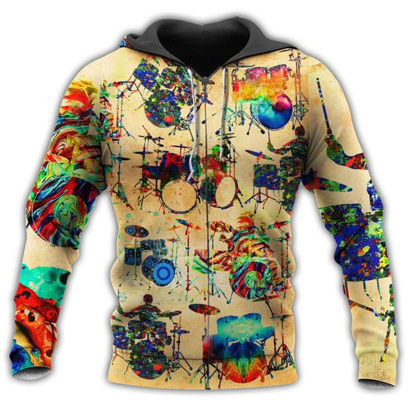Music Colorful Vintage Drum Yellow, All Over Print Hoodie Zip Hoodie Fleece Hoodie 3D, Vikings Tattoo Hoodie 3D KA879