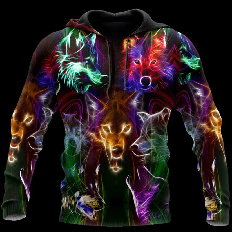 Colorful wolf D hoodie shirt, All Over Print Hoodie Zip Hoodie Fleece Hoodie 3D, Vikings Tattoo Hoodie 3D KA1021