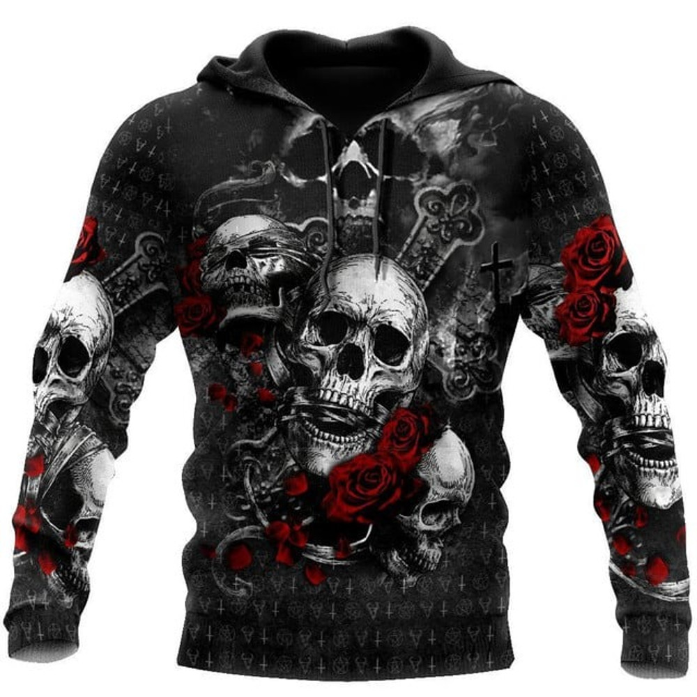 Skulls On The Roses Hoodie, All Over Print Hoodie Zip Hoodie Fleece Hoodie 3D, Vikings Tattoo Hoodie 3D KA1025