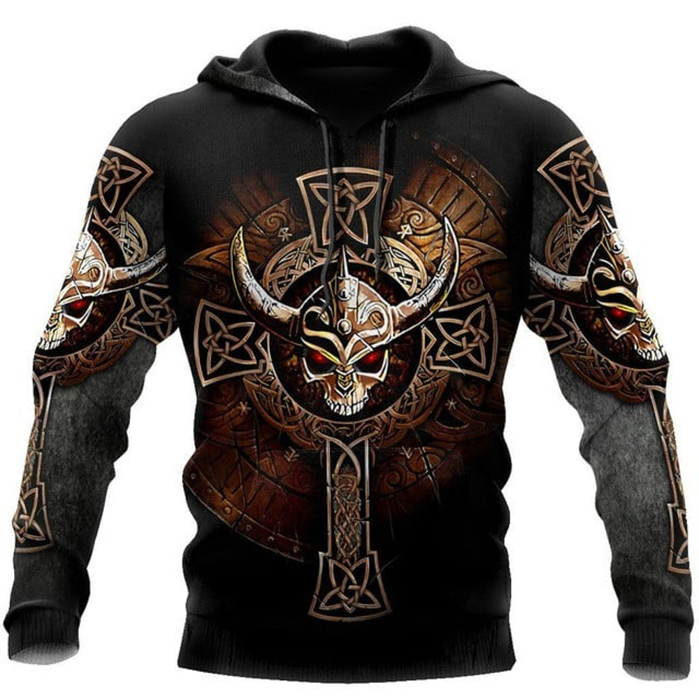 Viking Skulls Hoodie, All Over Print Hoodie Zip Hoodie Fleece Hoodie 3D, Vikings Tattoo Hoodie 3D KA1026