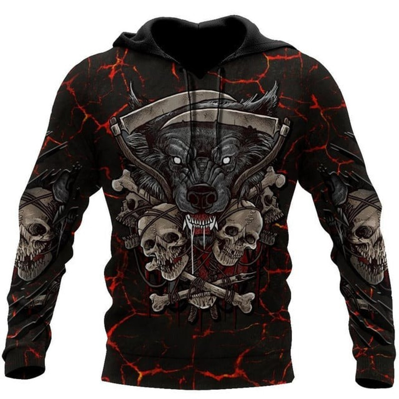 Skulls With Wolf Hoodie, All Over Print Hoodie Zip Hoodie Fleece Hoodie 3D, Vikings Tattoo Hoodie 3D KA1033