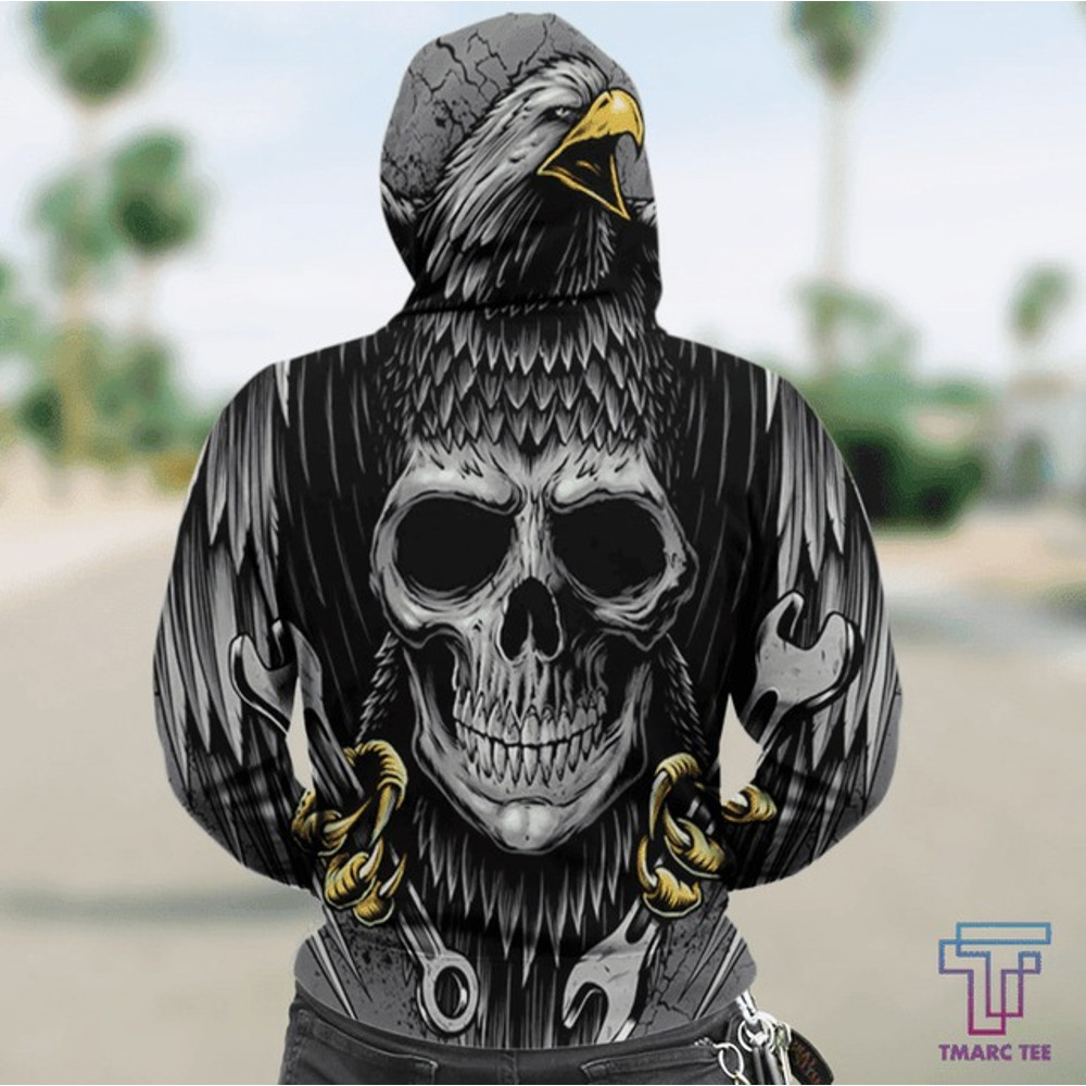 SKULL D ZIP HOODIE_EAGLE SKULL PL, All Over Print Hoodie Zip Hoodie Fleece Hoodie 3D, Vikings Tattoo Hoodie 3D KA1098