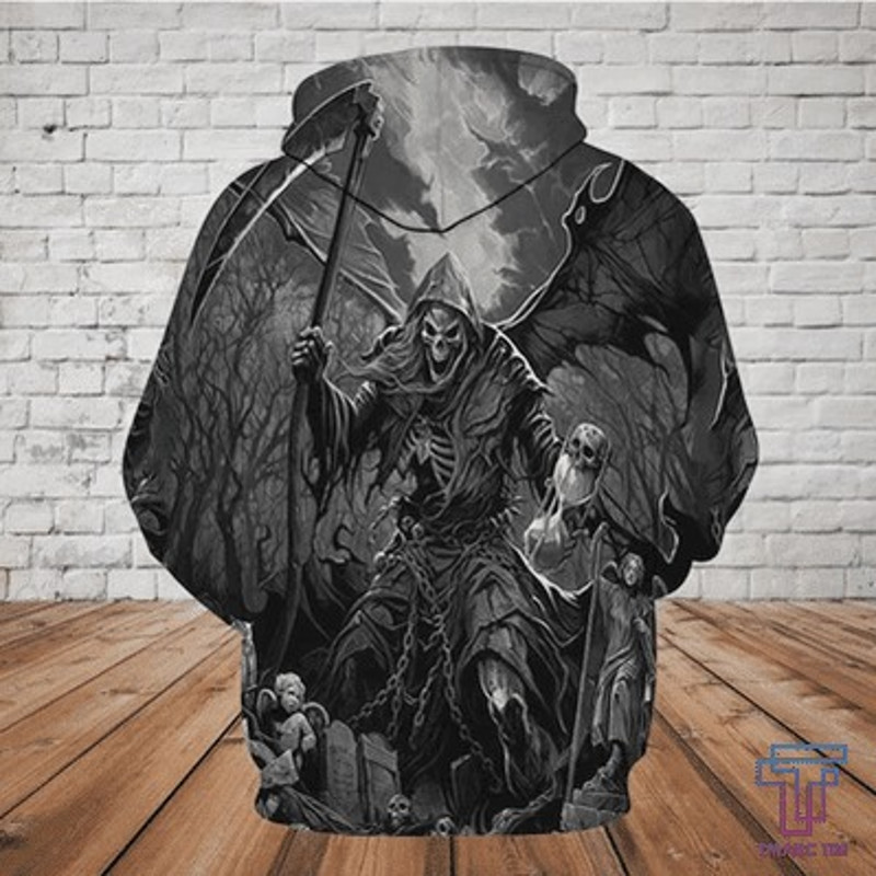 SKULL D HOODIE - GRIM REAPER PL, All Over Print Hoodie Zip Hoodie Fleece Hoodie 3D, Vikings Tattoo Hoodie 3D KA1106