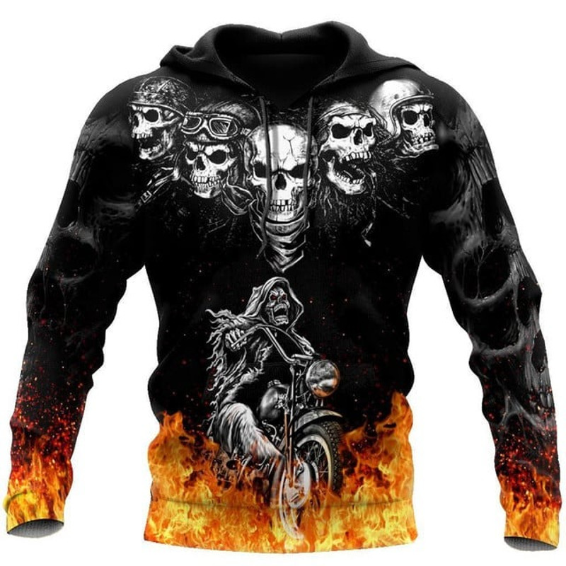 Biker Skulls On The Fire Hoodie For, All Over Print Hoodie Zip Hoodie Fleece Hoodie 3D, Vikings Tattoo Hoodie 3D KA1115