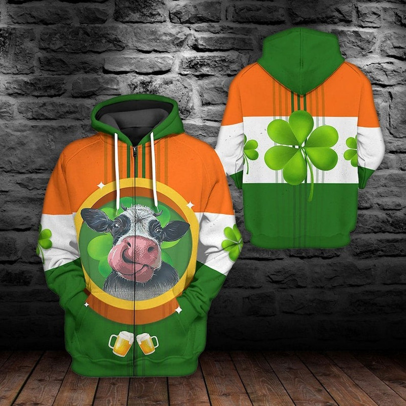 St Patrick's Day Smile Cow Hoodie, All Over Print Hoodie Zip Hoodie Fleece Hoodie 3D, Vikings Tattoo Hoodie 3D KA1328