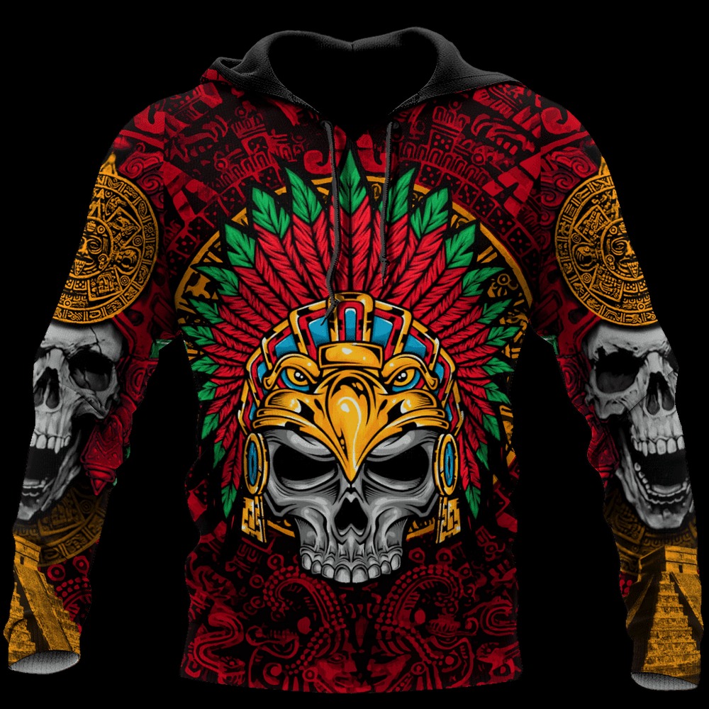 Aztec Eagle Warrior Skull, All Over Print Hoodie Zip Hoodie Fleece Hoodie 3D, Vikings Tattoo Hoodie 3D KA1364