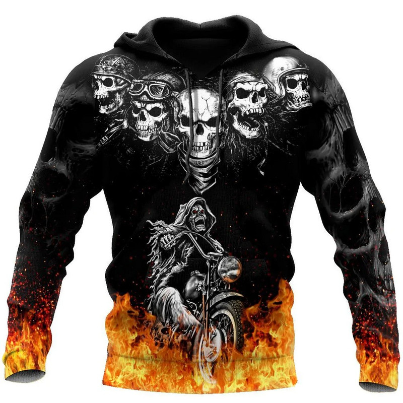 Biker Skulls On The Fire Hoodie, All Over Print Hoodie Zip Hoodie Fleece Hoodie 3D, Vikings Tattoo Hoodie 3D KA1441