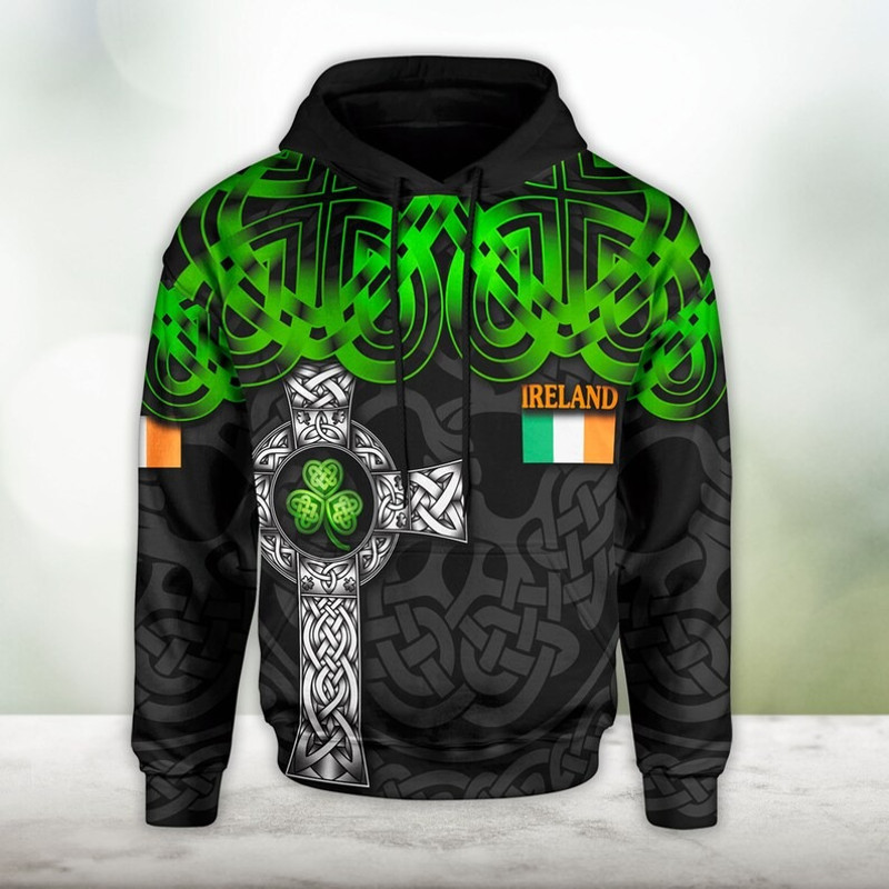 Celtic Cross Ireland Flag 3D Hoodie, All Over Print Hoodie Zip Hoodie Fleece Hoodie 3D, Vikings Tattoo Hoodie 3D KA1513