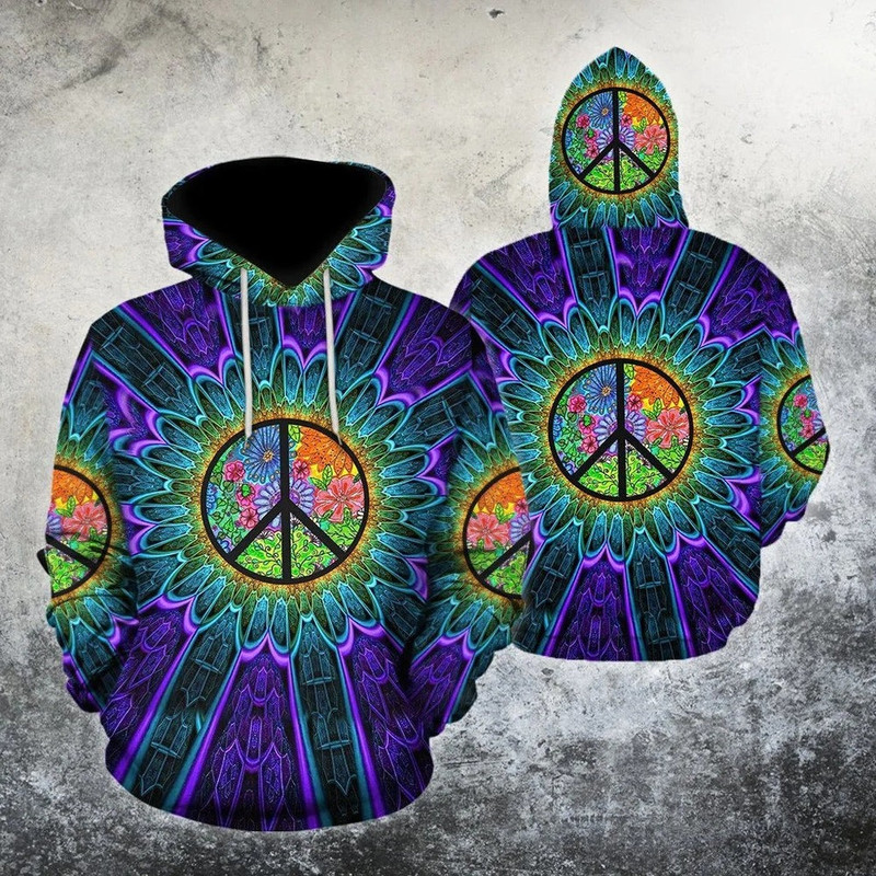 Colorful Peace Hippie Hoodie, All Over Print Hoodie Zip Hoodie Fleece Hoodie 3D, Vikings Tattoo Hoodie 3D KA1533