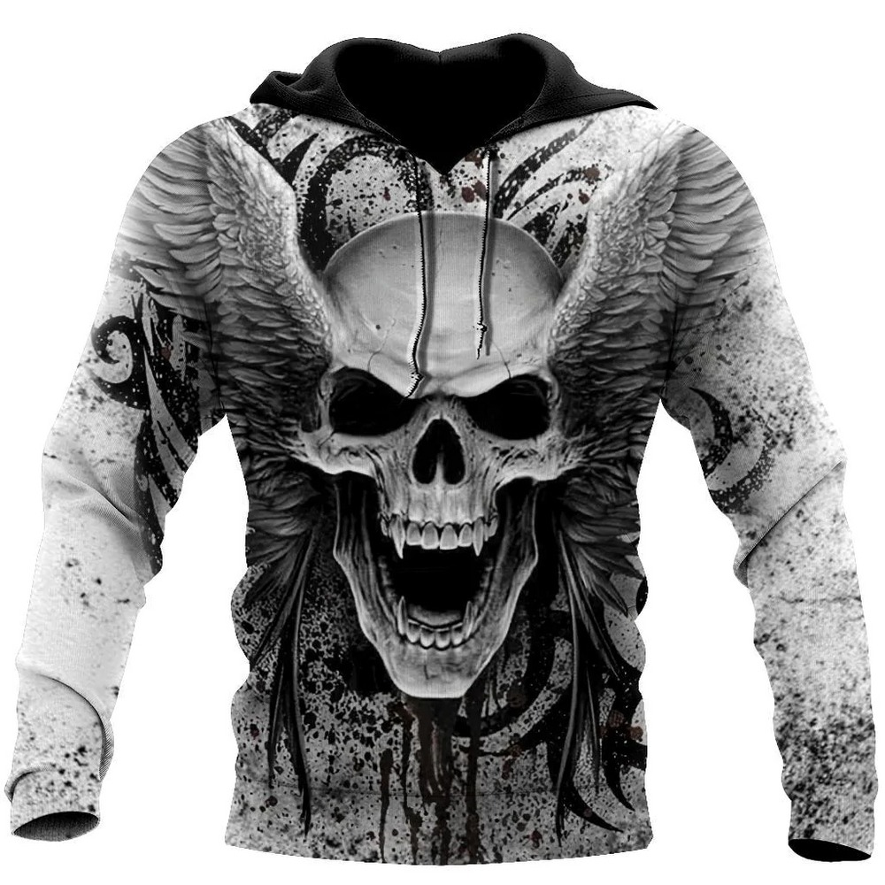 Crazy Skull With Angel Wings Hoodie, All Over Print Hoodie Zip Hoodie Fleece Hoodie 3D, Vikings Tattoo Hoodie 3D KA1562