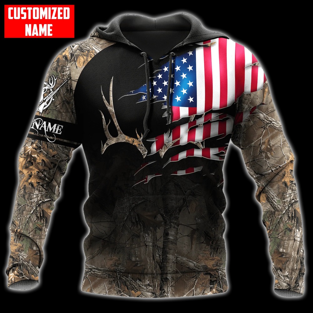 Custom Name American Hunting Hoodie, All Over Print Hoodie Zip Hoodie Fleece Hoodie 3D, Vikings Tattoo Hoodie 3D KA1611