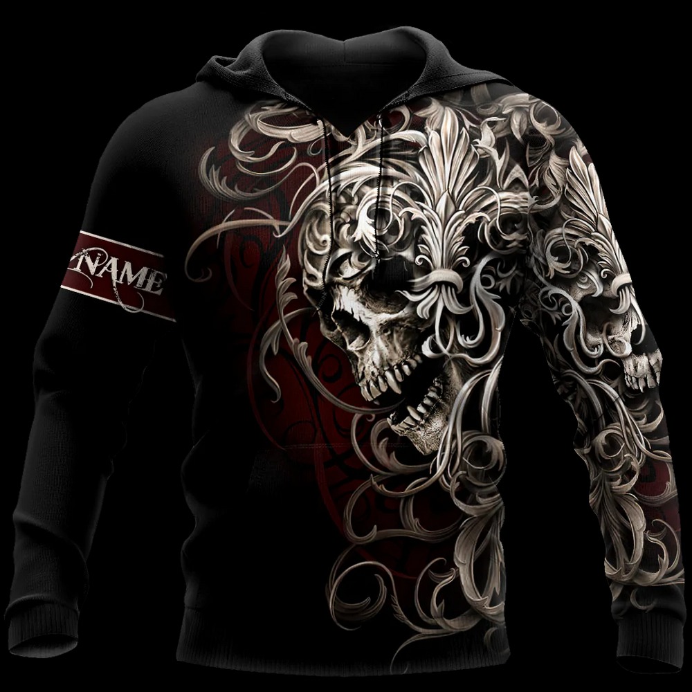 Customize Name Tattoo Skull Hoodie, All Over Print Hoodie Zip Hoodie Fleece Hoodie 3D, Vikings Tattoo Hoodie 3D KA1663