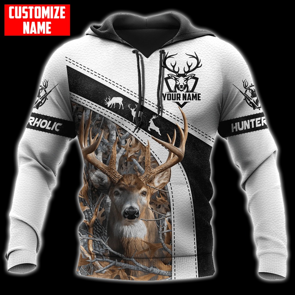 Customized Deer Hunting White Hoodie, All Over Print Hoodie Zip Hoodie Fleece Hoodie 3D, Vikings Tattoo Hoodie 3D KA1676