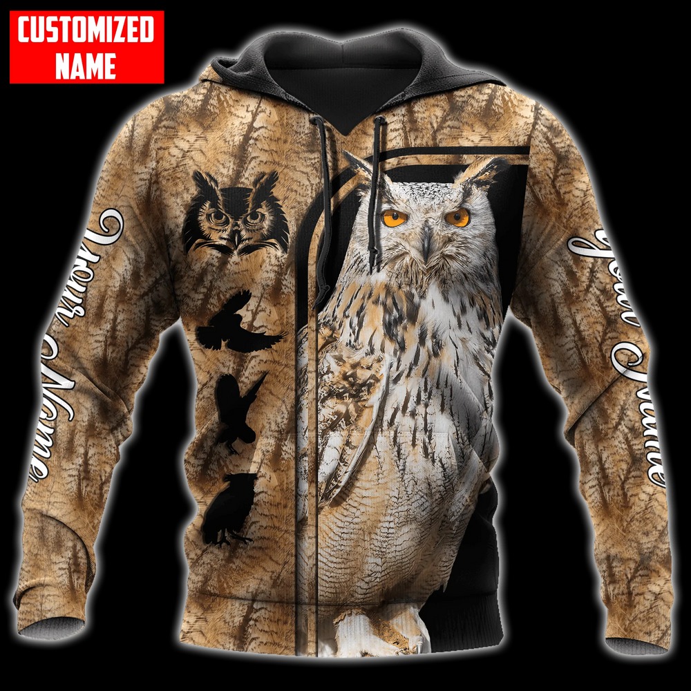 Customized Name Owl Hunting Hoodie, All Over Print Hoodie Zip Hoodie Fleece Hoodie 3D, Vikings Tattoo Hoodie 3D KA1687