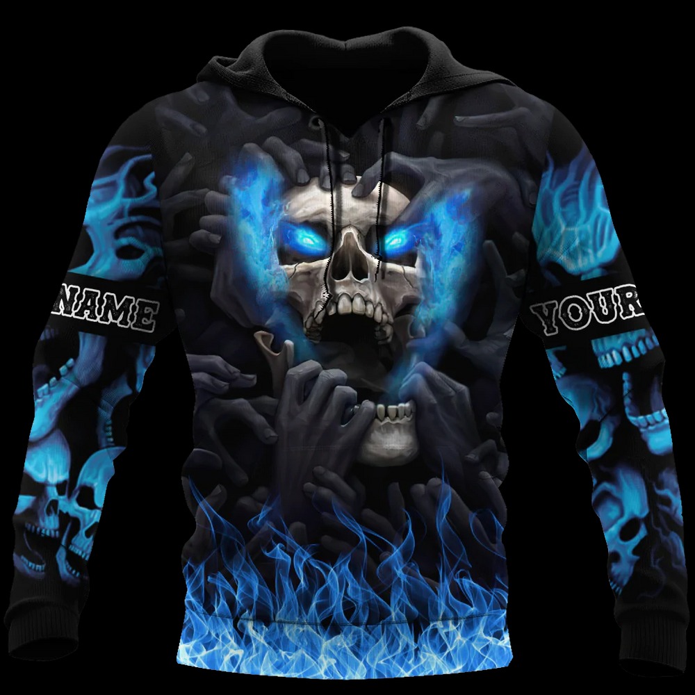 Customized With Name Blue Skull Hood, All Over Print Hoodie Zip Hoodie Fleece Hoodie 3D, Vikings Tattoo Hoodie 3D KA1694