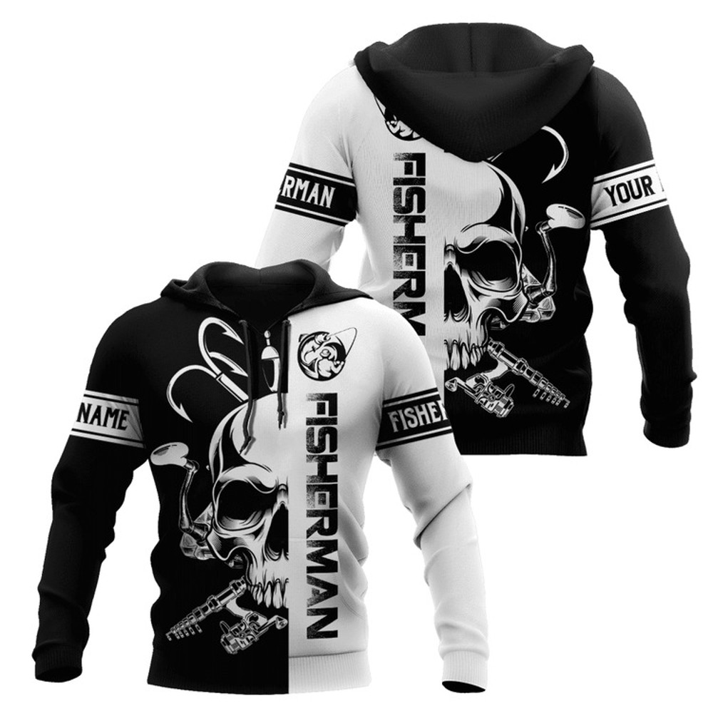 Fishing Tools Skull Custom Name, All Over Print Hoodie Zip Hoodie Fleece Hoodie 3D, Vikings Tattoo Hoodie 3d KA1827