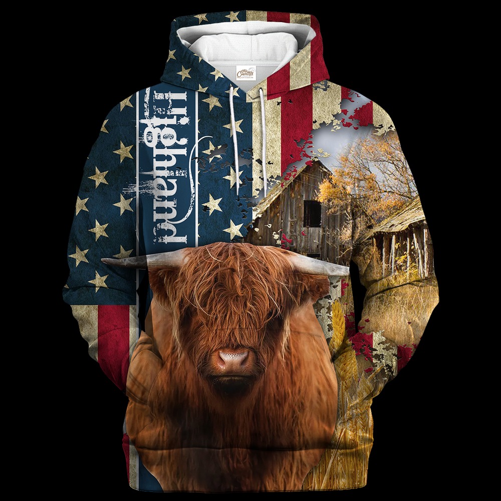 Highland Farm With America Flag, All Over Print Hoodie Zip Hoodie Fleece Hoodie 3D, Vikings Tattoo Hoodie 3d KA1932