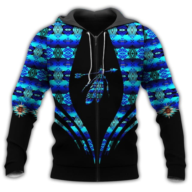 Feather Native American Blue Pattern, All Over Print Hoodie Zip Hoodie Fleece Hoodie 3D, Vikings Tattoo Hoodie 3d KA1950