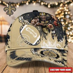 Custom Name NFL New Orleans Saints Caps, NFL New Orleans Saints Adjustable Hat Mascot & Flame Caps for Fans 59432