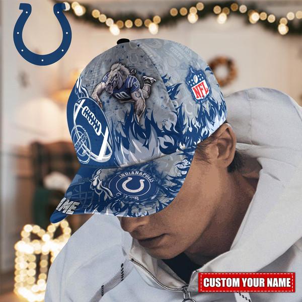 Custom Name NFL Indianapolis Colts Caps, NFL Indianapolis Colts Adjustable Hat Mascot & Flame Caps for Fans 8201