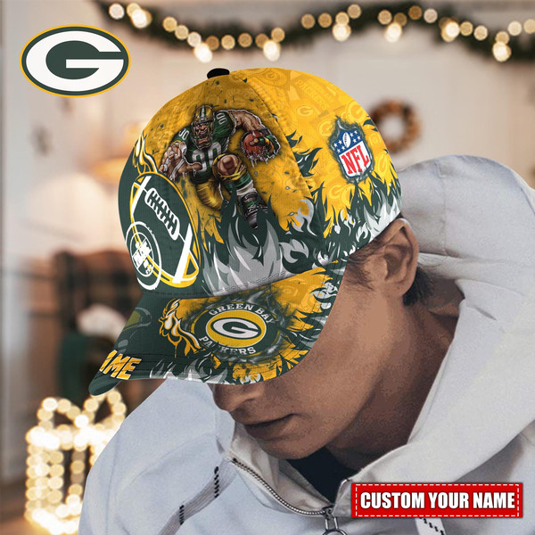 Custom Name NFL Green Bay Packers Caps, NFL Green Bay Packers Adjustable Hat Mascot & Flame Caps for Fans 5312