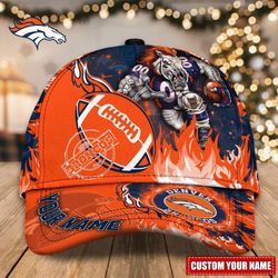 Custom Name NFL Denver Broncos Caps, NFL Denver Broncos Adjustable Hat Mascot & Flame Caps for Fans 1871
