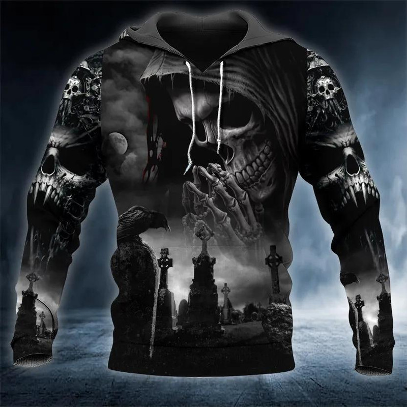 Praying Grim Reaper In Graveyard Skull 3D Hoodie, All Over Print Hoodie Unisex