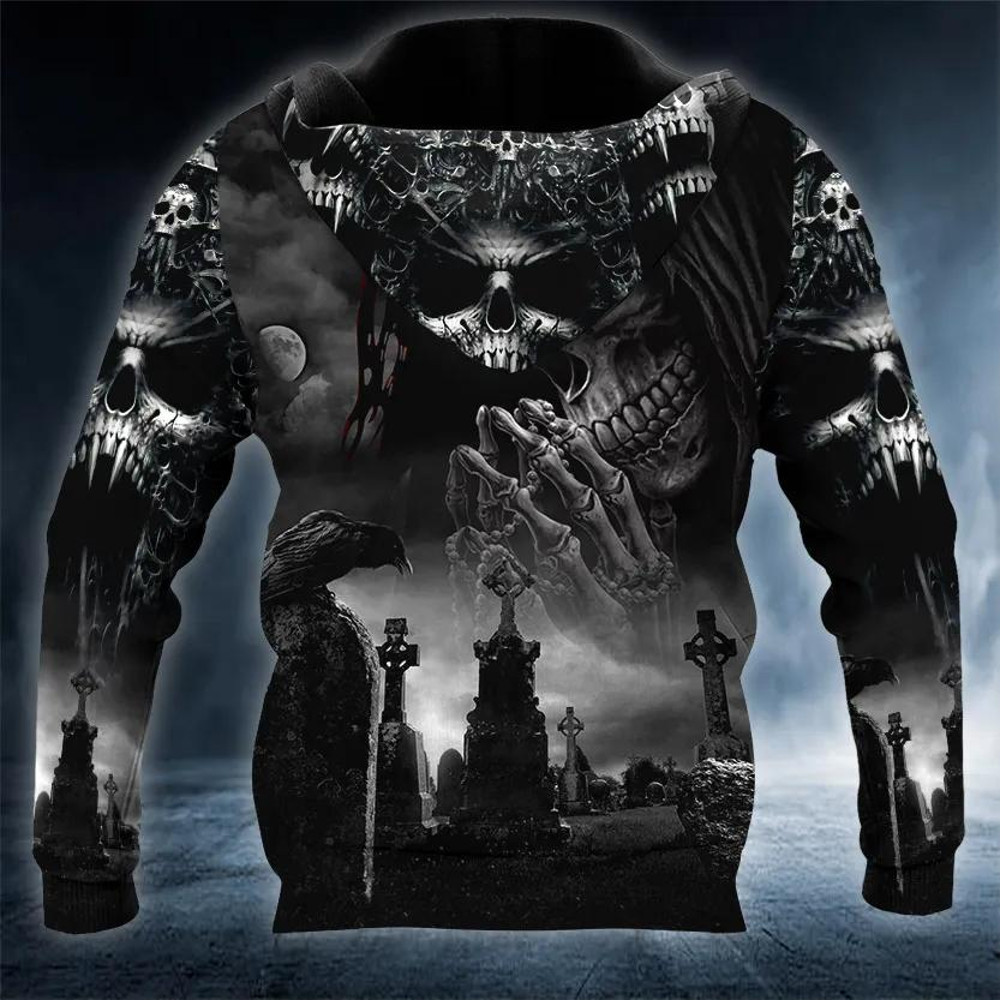 Praying Grim Reaper In Graveyard Skull 3D Hoodie, All Over Print Hoodie Unisex