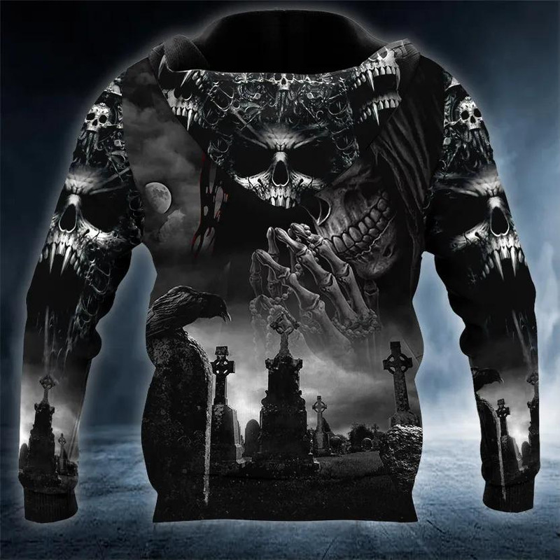 Praying Grim Reaper In Graveyard Skull 3D Hoodie, All Over Print Hoodie Unisex