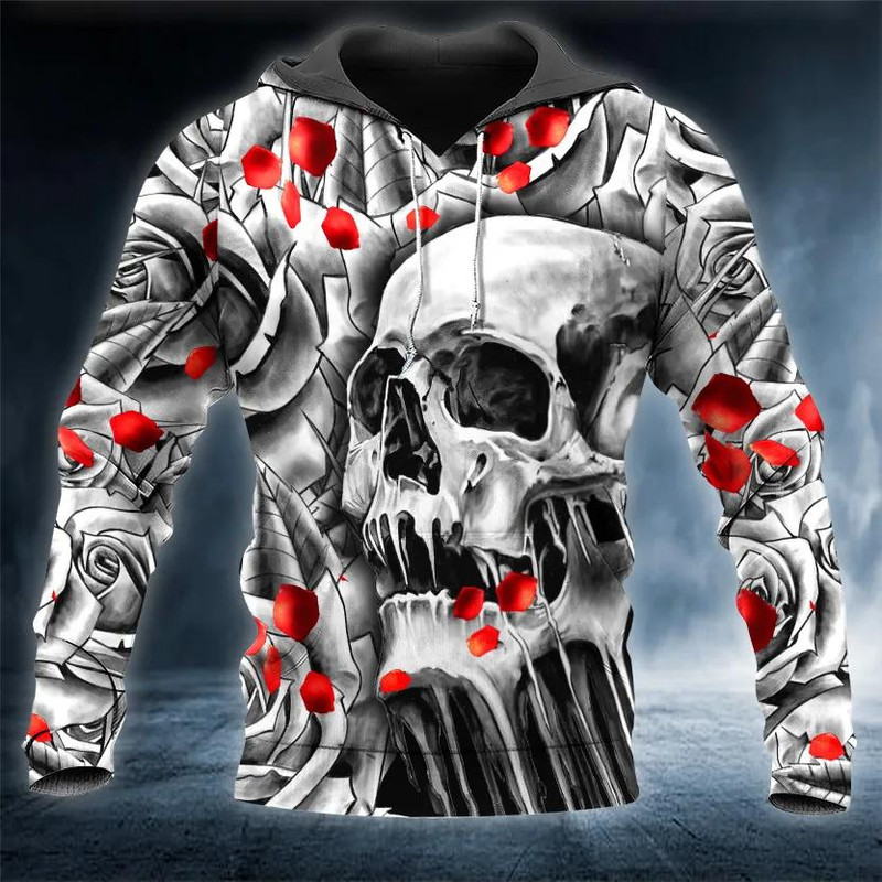 Black And White Roses Skull Hoodie, All Over Print Hoodie Unisex