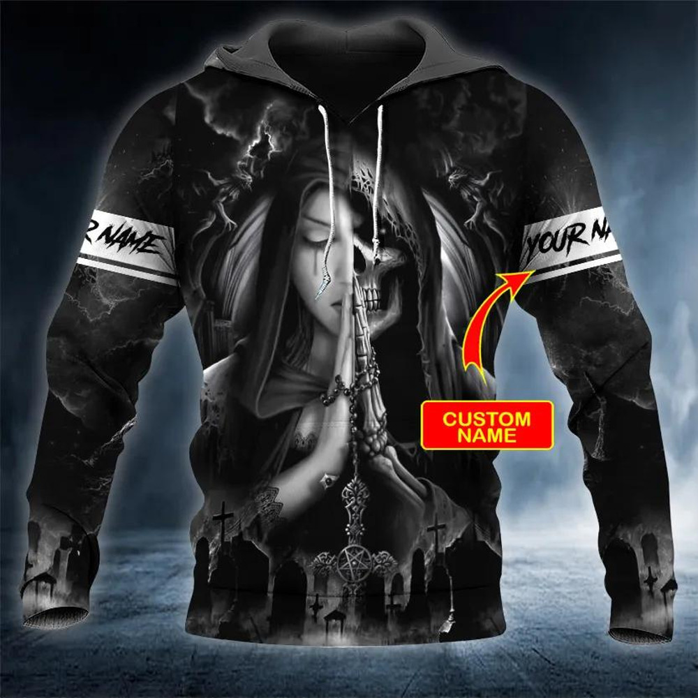 Praying Beauty n Grim Reaper Skull Custom 3D Hoodie, All Over Print Hoodie Unisex