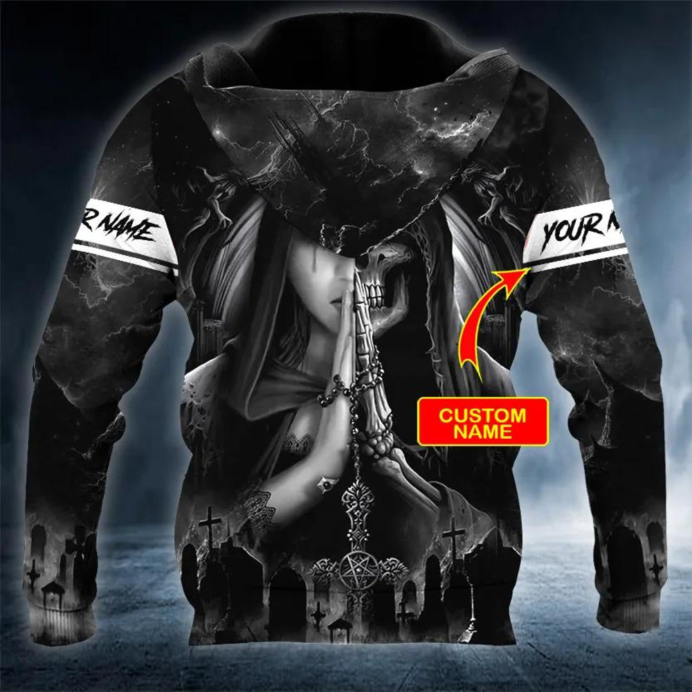Praying Beauty n Grim Reaper Skull Custom 3D Hoodie, All Over Print Hoodie Unisex