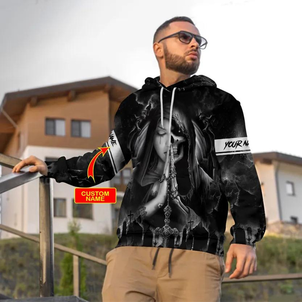 Praying Beauty n Grim Reaper Skull Custom 3D Hoodie, All Over Print Hoodie Unisex