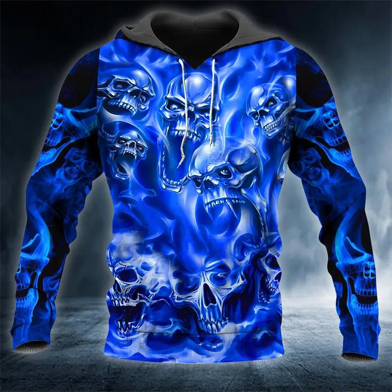 Blue Flame Pile Skull 3D Hoodie, All Over Print Hoodie Unisex