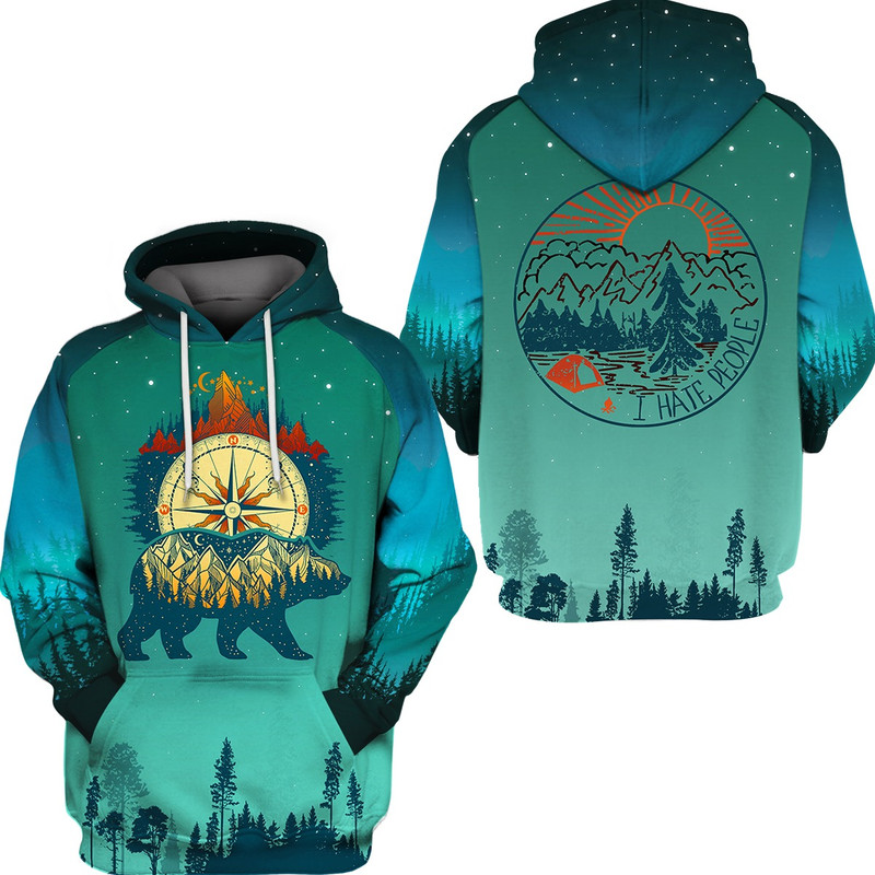 Camping Blue Bear Compass Hoodie 3D, Personal All Over Print Hoodie Unisex