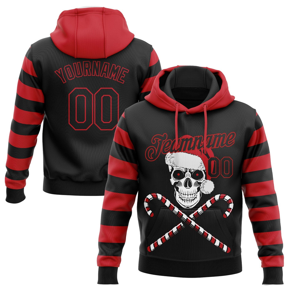 RED BLACK-WHITE 3D SKULLS AND CHRISTMAS SANTA'S HAT SPORTS Hoodie 3D, Personal All Over Print Hoodie Unisex