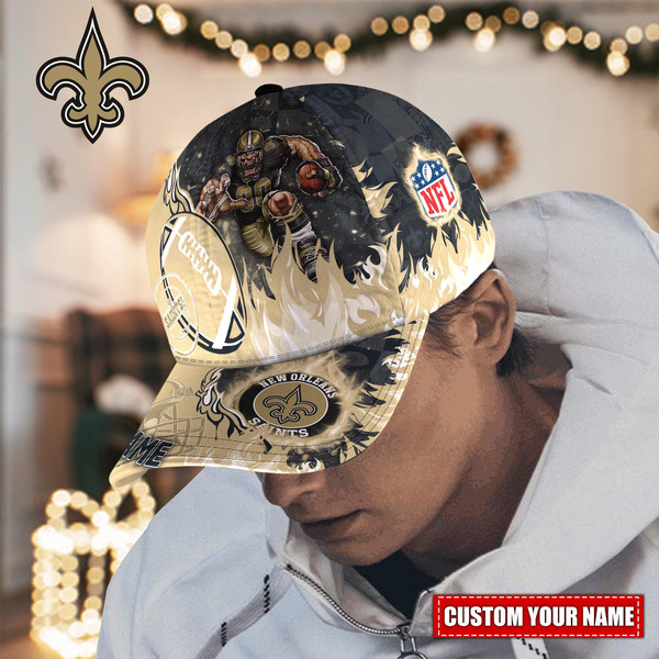 Custom Name NFL New Orleans Saints Caps, NFL New Orleans Saints Adjustable Hat Mascot & Flame Caps for Fans 9543