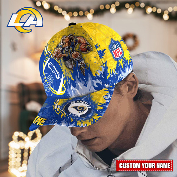 Custom Name NFL Los Angeles Rams Caps, NFL Los Angeles Rams Adjustable Hat Mascot & Flame Caps for Fans 09845