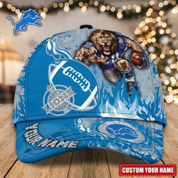 Custom Name NFL Detroit Lions Caps, NFL Detroit Lions Adjustable Hat Mascot & Flame Caps for Fans 39124