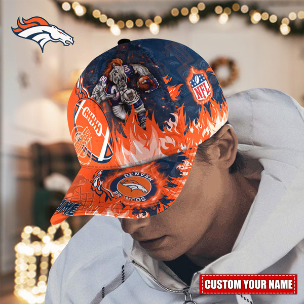 Custom Name NFL Denver Broncos Caps, NFL Denver Broncos Adjustable Hat Mascot & Flame Caps for Fans 918723